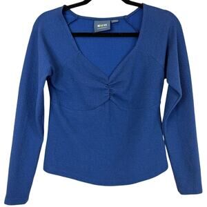 Maeve Blue Long Sleeve Gathered Chest V Neck Cotton Blend Knit Top Size Medium